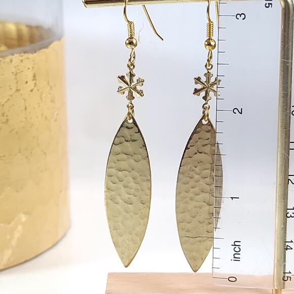 Gold Hammered Dangle Earrings with Snowflake Charm, Boho Chic Jewelry Design - Picture 4 of 10